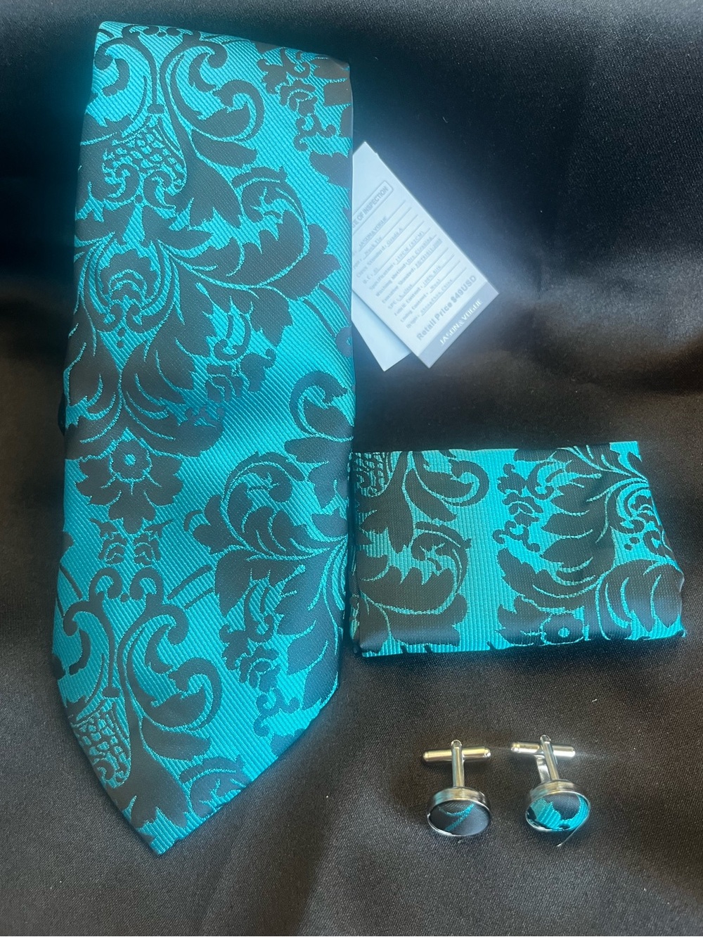 Men's Teal and Black Floral Tie Set with Matching Pocket Square and Cufflinks
